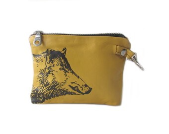SALE leather wallet yellow wild boar screenprint