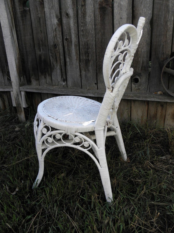 70s HEART Wicker Chair White rattan Cottage by CurbTradersVintage