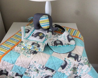 Baby Quilt Gift Set/ Baby Elephant Gift Set/Baby Quilt,Burp Cloths, Bib, Elephant Set/Baby Five Piece Gift Set/Baby Eephant Quilt Gift Set