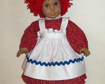 Raggedy Ann Costume, 18 Inch Doll , Red Doll Wig, Black Shoes, American Made, Girl Doll Clothes