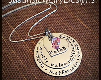 Medical Alert Necklace - stainless steel 1 sided discs - choice of chain - Swarovski birthstone crystal - medical alert ID necklace
