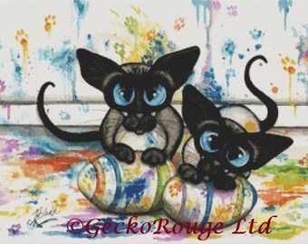 Cat cross stitch kit, AmyLyn Bihrle, Siamese Cat, counted Cross Stitch Kits, Easter Double Trouble, Paw Print, Easter Cross Stitch
