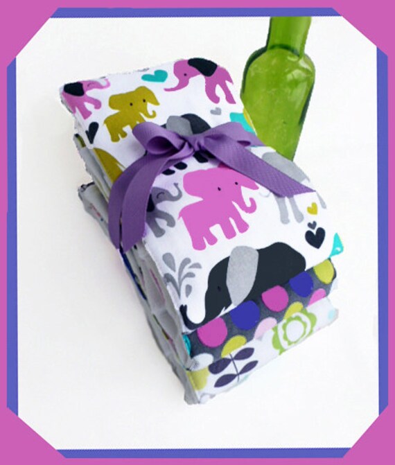 Elephants on Diaper Burp Cloth Gift Set for Baby Girl in