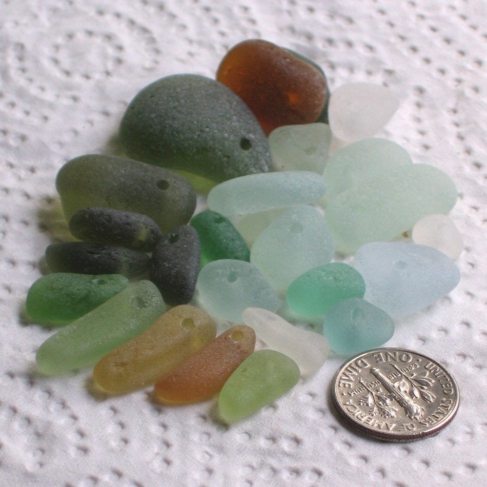 26 Natural Sea Glass Beads Drilled 1.25mm holes Supplies