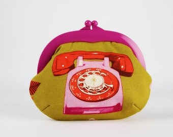 Plastic frame purse - Rotary in pink and red - Gamaguchi large / Bright purple kisslock purse / Melody Miller / Vintage phone / mustard