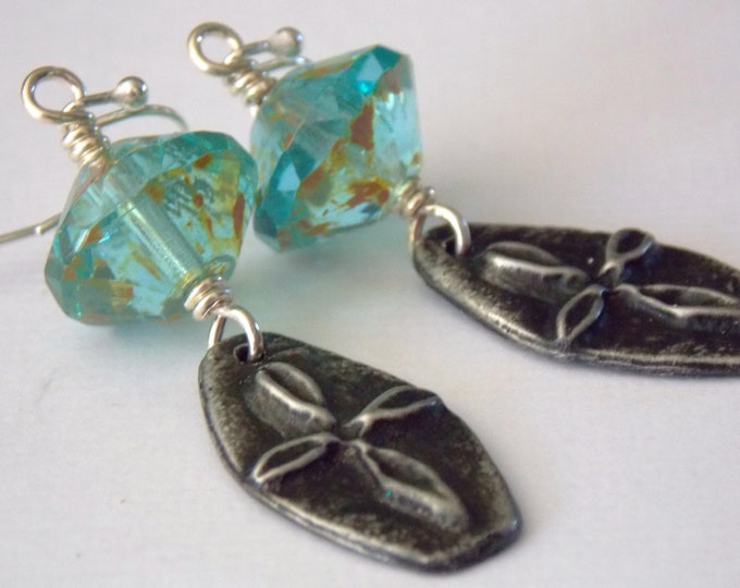 Cross Earrings Blue Aqua Artisan Dangle Sterling Rugged Cross Spiritual Rustic Earrings Boho Bohemian Turquoise Czech Glass Earrings