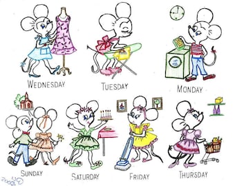Days of the Week Hand Embroidery Mice Girl & Boy 6804 PDF instant download a 1940s design
