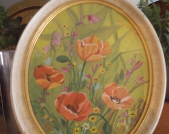 Vintage Hand Painted Floral Poppies Wildflower on framed canvas ~ Oval ~ Signed Painting