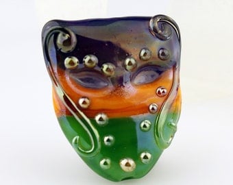 Lampwork Glass Bead, Mask Bead, Mardi Gras, Green, Purple, Gold and Iridescent SRA