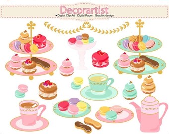 ON SALE tea set clipart, afternnon tea clipart, French tea party clipart , tea party , macaron clipart, INSTANT Download