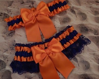 Orange Satin Navy Blue Lace Wedding Bridal Garter Toss Set