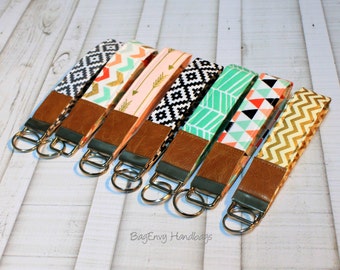 Key Fob / Key Wristlet - Choose Your Fabric - Aztec - Arrows - Herringbone - Chevron with Vegan Leather