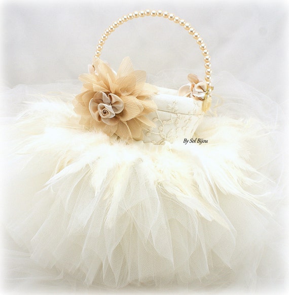 Flower Girl Basket Ivory Tan Beige Champagne Tutu Basket