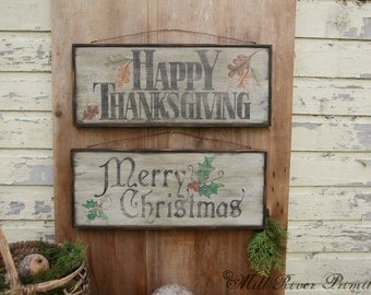 DOUBLE SIDED Thanksgiving/Season's Greetings/Merry Christmas Wooden Sign