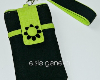 Black Canvas and Lime Green Phone Case with Wristlet and Back Zipper Pocket with or without Felted Flower iPhone 4 5 6 Plus Note Large