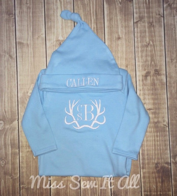 Baby Boy Deer Antler Baby Gown and Hat by MissSewItAllBoutique