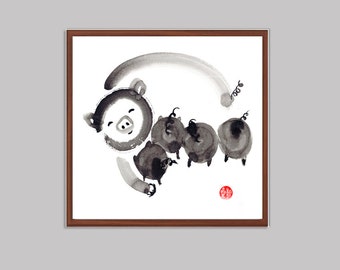 Pig, Chinese New Year of the Pig, Chinese Zodiac Original Zen Ink Painting, japanese illustration, zen decor, childrens art, japanese art