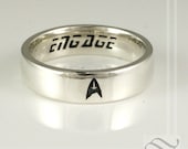 Mens ENGAGEment Ring - Star Trek Inspired wedding band with star trek insignia and font - engage