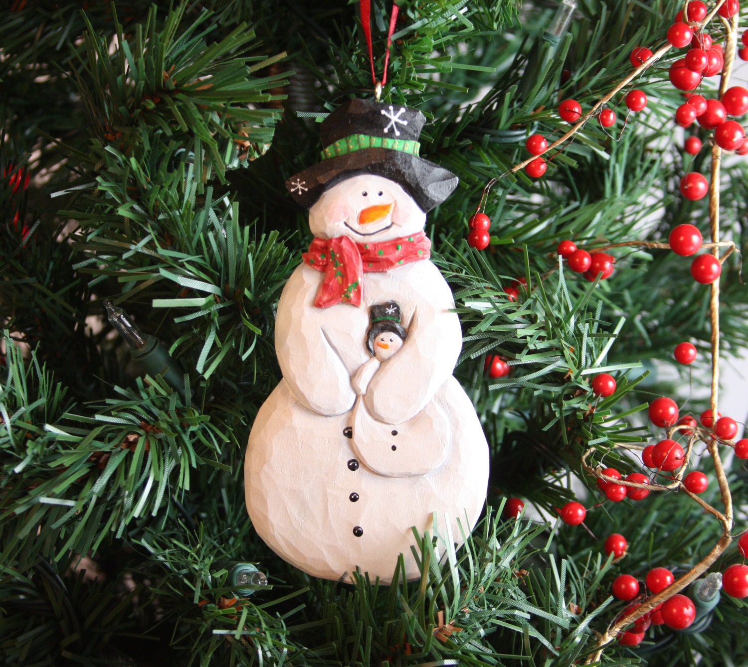 Handcarved Snowman with BabyChristmas ornament wood carvings