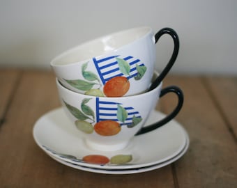 vintage gien la ronde des fruits cups and saucers made in france set of two