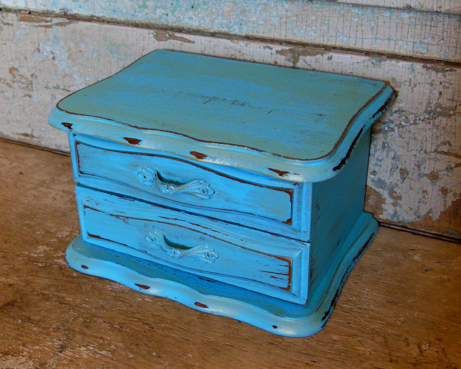 Jewelry Box Turquoise and Gold Distressed Wooden