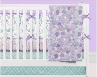 Mermaid Crib Bedding Girl, Ocean Nursery Bedding Baby Crib Set, Purple Mint Turquoise Pink Coral Seashell Underwater Starfish Bumpers