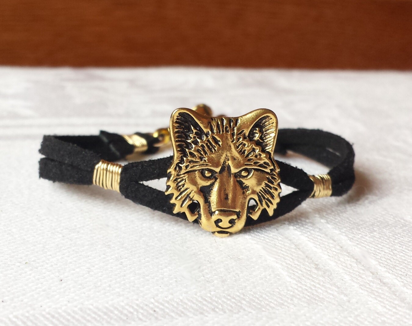 Wolf Black Faux Sueded Leather Bracelet 14K Goldplated