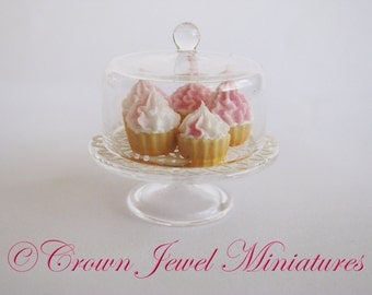 1:12 Luxury Strawberry & Cream Cupcakes On Covered Cake Stand by IGMA Artisan Robin Brady-Boxwell - Crown Jewel Miniatures