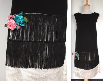 Vintage 1960s Dress // 50s 60s Black and Silver Lurex Flapper Dress // Fringe Skirt with Roses // 1920s Style Party Dress