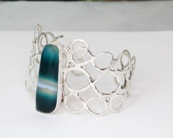 Green Onyx Sterling Silver Lacy Cuff Bracelet Wide, Size Small-Medium