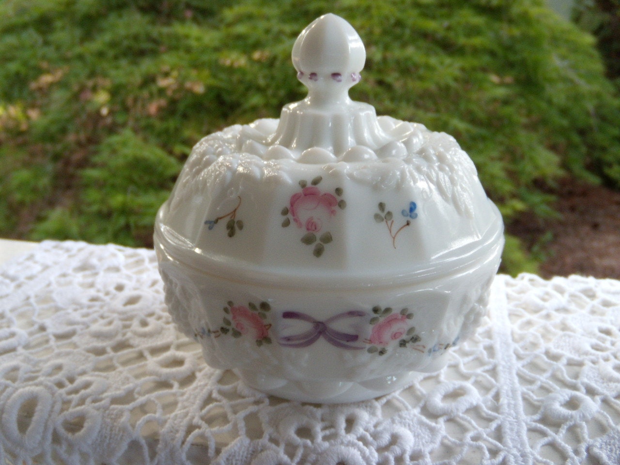Westmoreland Milk Glass Covered Candy Dish with Painted Floral
