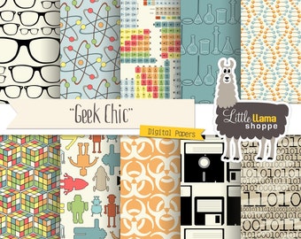 Geek Chic Digital Paper Pack, Nerd Scrapbook Paper, Science Geek Techie Genius, Commercial Use, Instant Download