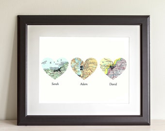 CUSTOM Three Heart Map Art Print. Print Only. You Select Locations Worldwide And Personaized Text. 3 Heart Map Print. Gifts for Mom And Dad.
