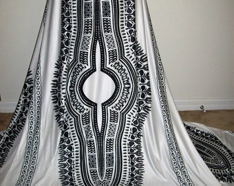 Pearly White and Black 4 Way Stretch Dashiki Fabric panel 78x34 inches/Stretchy Angelina fabric/Ankara Jersey/Stretchy African fabrics