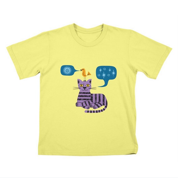 The Conversation - Childrens T-shirt / Tee / Kids / Youth - Cat and Bird - Stone / Lemon Yellow / White by Oliver Lake - iOTA iLLUSTRATION
