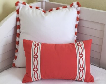 Sunbrella Orange Melon Indoor Outdoor Lumbar Pillow Cover with Trim Tape, 12x18 or 12x20