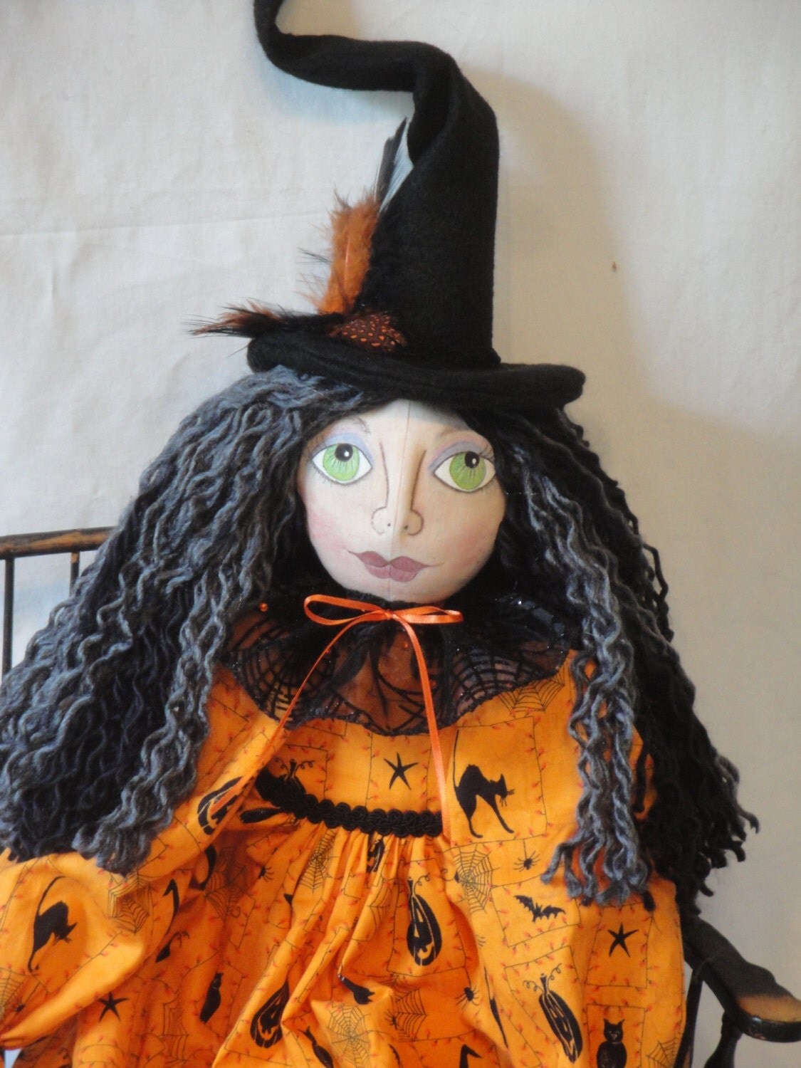 Primitive Halloween Witch Art Doll Bats Stars Spiders