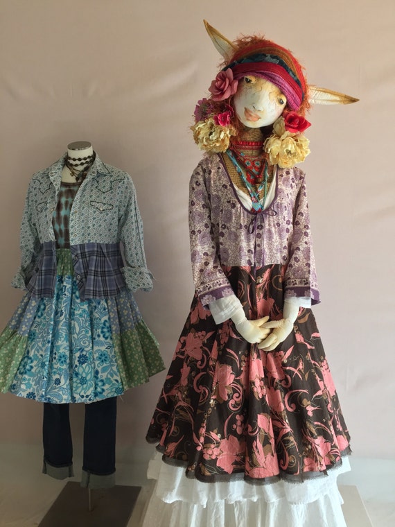 M Bohemian Peasant Dress Print Mix Cotton Mid-Length Dress