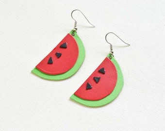 Watermelon Fruit Earrings, Leather Jewellery,