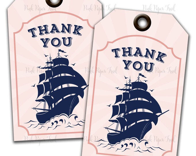 Nautical Party Thank You Tags (Pink and Blue), Instant Download, Print Your Own