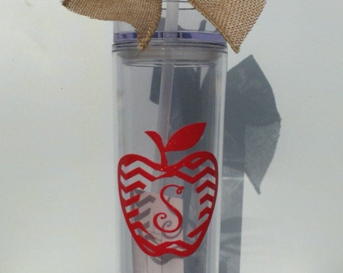 Teacher's Red Chevron Apple with Monogram Water Bottle Tumbler, Personalized Water Bottle with Straw, Teacher Gift, Personalized Gift