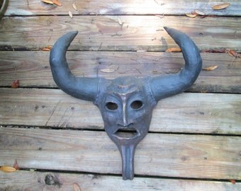Masquerade, paper mache, bull, devil, diablo, clay, horned Mask, Handmade, handpainted, ooak, halloween mask, Horn mask, legend