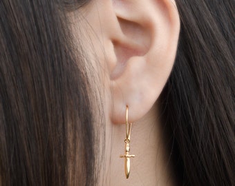 Tiny Dagger Dangle Earrings, Sterling Silver, Gold Plated, Pendulum Earrings, Minimalist Drop Earrings, Modern Lunaijewelry, Gift mom DGE002