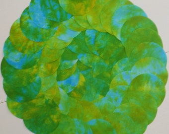 5 Inch Precut Fabric Circles, BLUESY GREENS, 62 Hand Dyed Die-Cut Circles, 100% Cotton, Pre-Shrunk, Colorfast