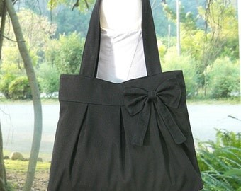 black cotton fabric purse with bow / canvas tote bag / shoulder bag / hand bag / diaper bag - zipper closure