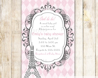 Paris Invitation Card - Baby Girl Shower Kids Birthday Tower Eiffel Tower Pink Vintage Ols Style Personalized Invites Girl Party Ideas