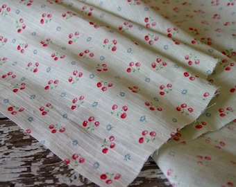 Antique Darling Old French Cotton Dimity Fabric with Cherries and blue blossoms, half yard