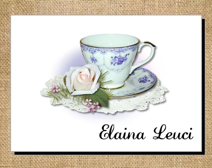 Blushing Rose Teacup Cup Tea Note Cards - Invitations - Thank You Cards for Bridal Shower or Luncheon ~ Bridal Gift