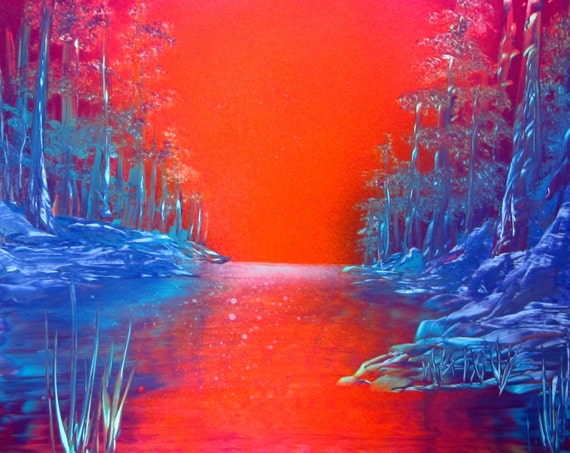 Spray Paint Art Original Sunset over Water Landscape Poster