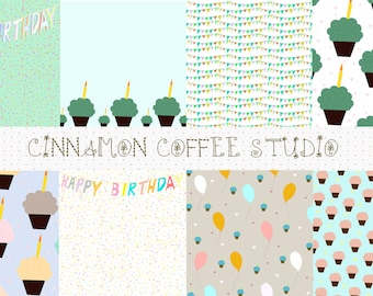Happy Birthday Digital Papers, Happy Birthday Banner, Cupcakes, Balloons, Blue, Mint, Birthday Party Texture, Birthday Backgrounds